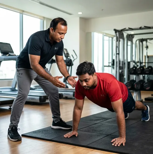 Ibrahim coaching a client through a workout session in the gym